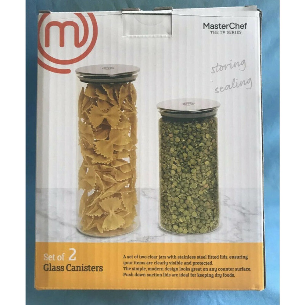 Set of 2 Clear Glass Master Chef Canisters Sealing Stainless Lids 6.5” & 8.5”